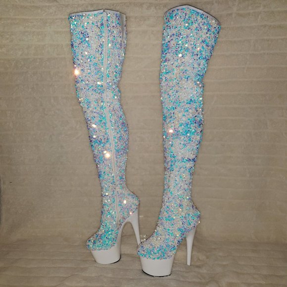 White Ice Multi Stretch Sequin Platform 7" Heels Thigh High Boots 3020 - Picture 11 of 13